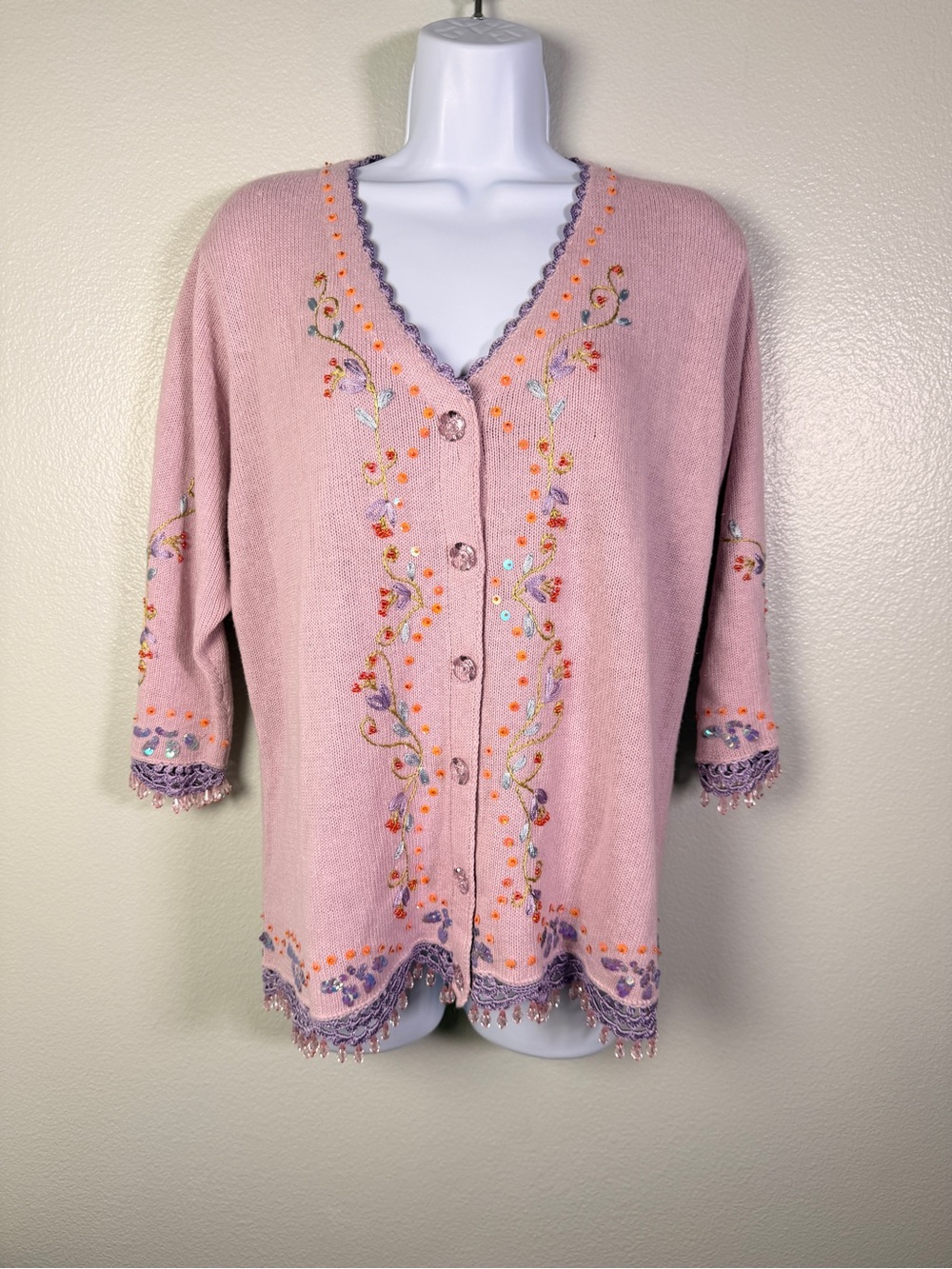 Storybook Knits Lilac Purple Spring Floral Cardigan Beaded Sequined Size‎ Medium